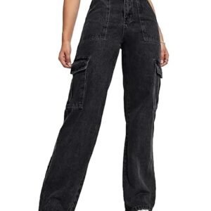 Women's Solid High Rise Cargo Relaxed Fit Jeans, Black
