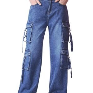 Denim Blue Women Cargo Jeans | High Waist Stretchable Wide Leg Loose Fit Denim